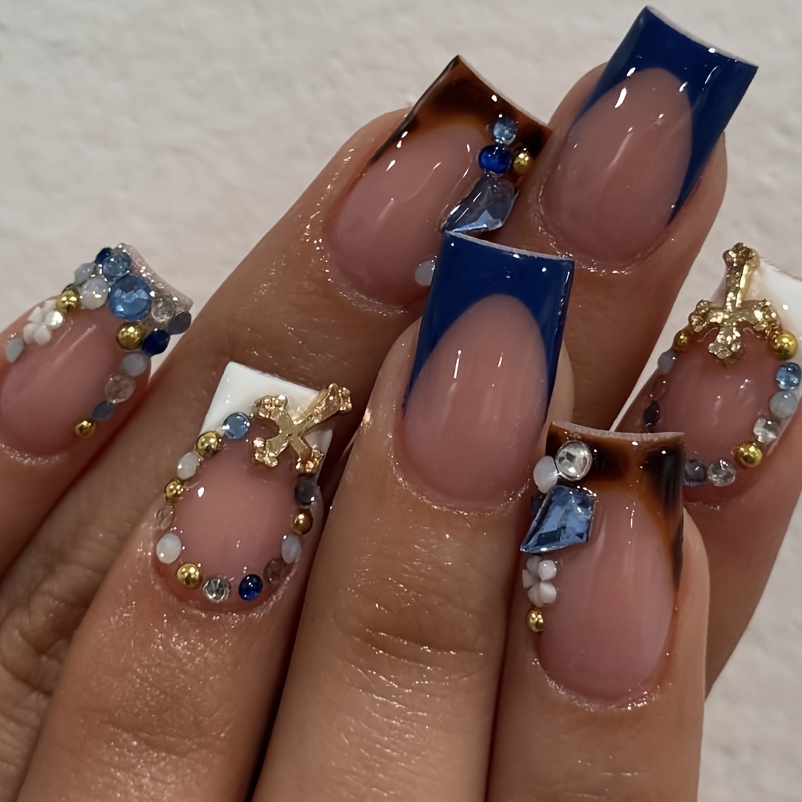 10pcs Set Of Handmade Wearable Nail Stickers For Women, Fully Covered Nail Stickers, Reusable Square Nude Color, Blue French Sparkling Diamond Nail Art, Shiny Nail Art For Women, All Covered Nail Stickers For, Nail Art Party, Nail Art