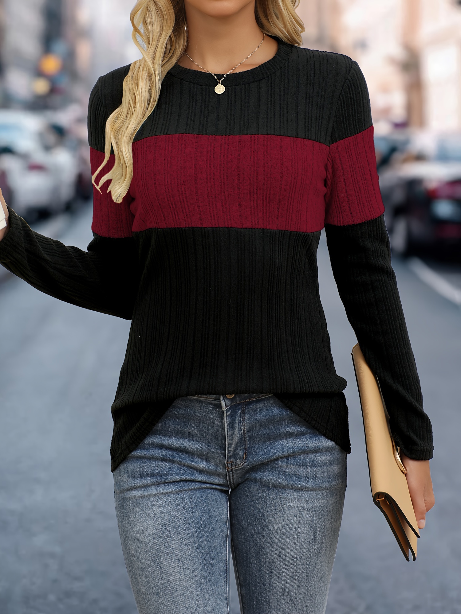 Women'S Elegant Color Block Crew Neck Top, 95% Polyester 5% Elastane Knit Fabric, Regular Length, Solid Pattern, Fall/Winter Fashion, 160g/m? Weight