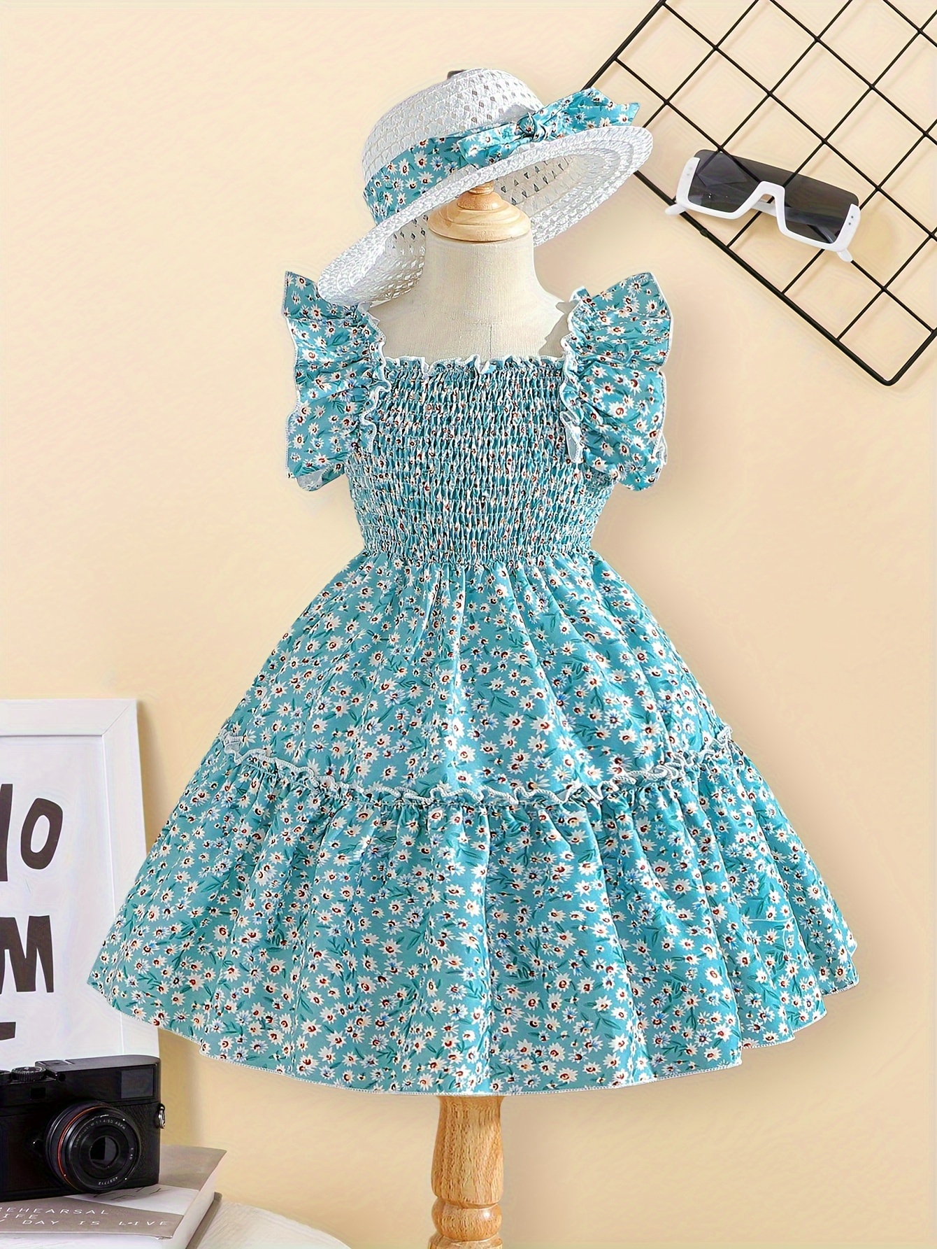 女の子のためのフローラルフルプリントフリル袖スモックドレス 快適なA 