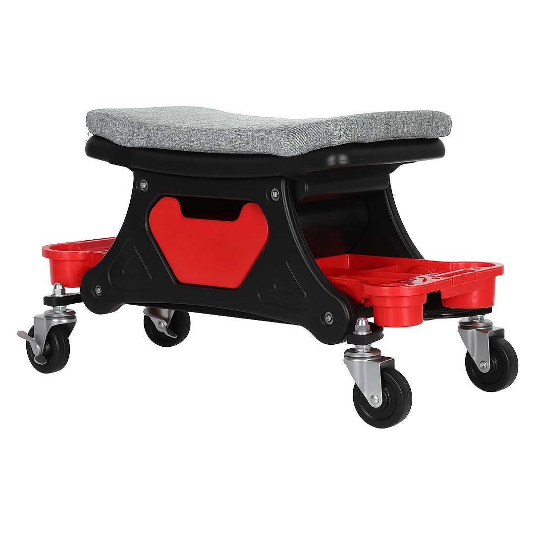 Workshop Stool, Wheeled Stool, Workshop Chair With Wheels: 640 X 320 X 355mm, Weight Capacity 185kg, Garage Stool With Storage Rack And Tray, Mobile
