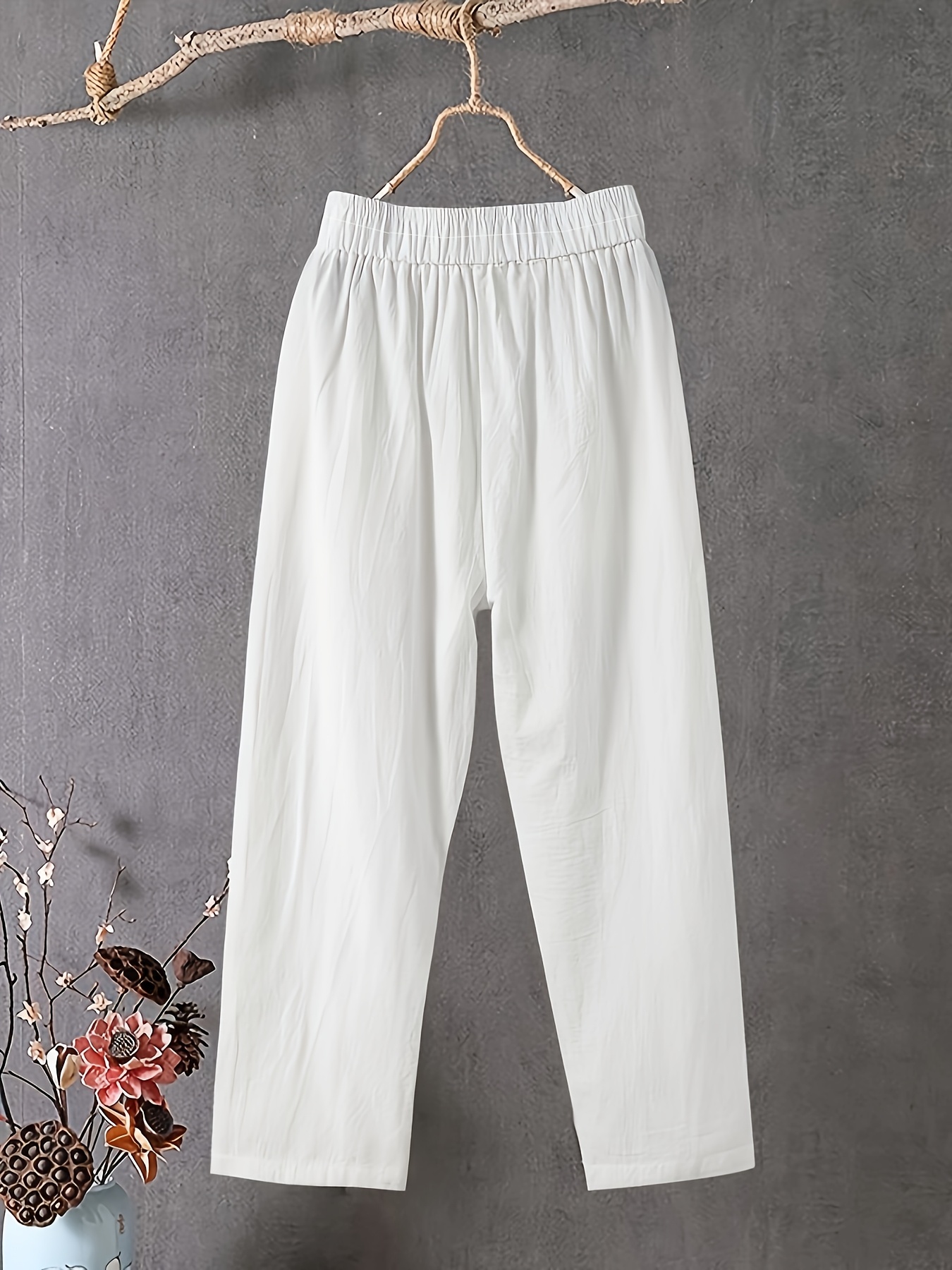 Women's Plus Size Lightweight Straight-Leg Pants - Casual White Harem Style, Elastic Waistband, Polyester, Machine Washable for Spring/Summer/Fall