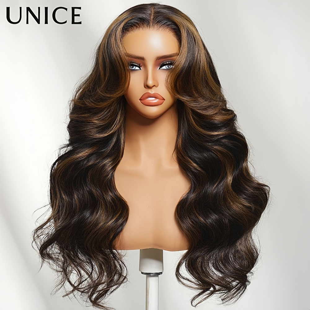 Image of Unice 7x5 Slip Lace Black With Highlights 3d Body Wave Human Hair Wig With Drawstring Pre Cut Lace Pre Everything Wig