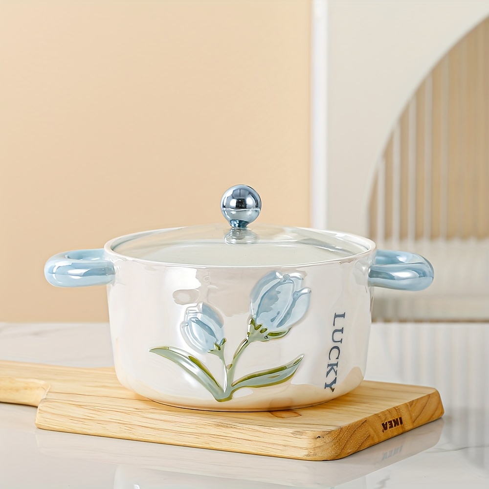 1Pc Ceramic Bowl With Lid Pearl Glazed Tulip Double Ear   Creative And Cute Soup Bowl Rice Bowl Instant Noodle Bowl Fruit Bowl Used For   And Restaurant   Kitchen Supplies Tableware Accessories Product Details 9