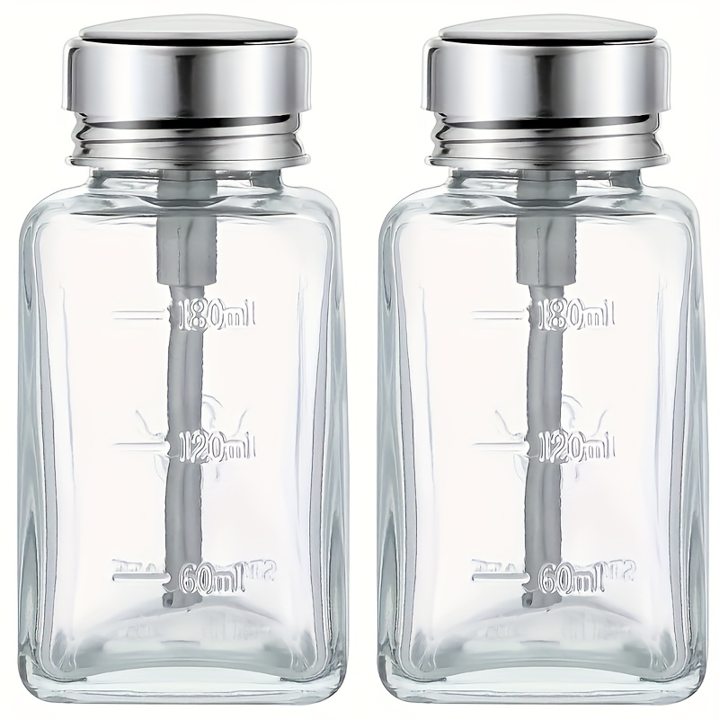 TEMU 2 6.09 Oz Transparent Glass Pump Type Dispensing Bottles With Metal Flip Cover, Leak Proof And Portable Design, Glass Nail Polish Remover Push