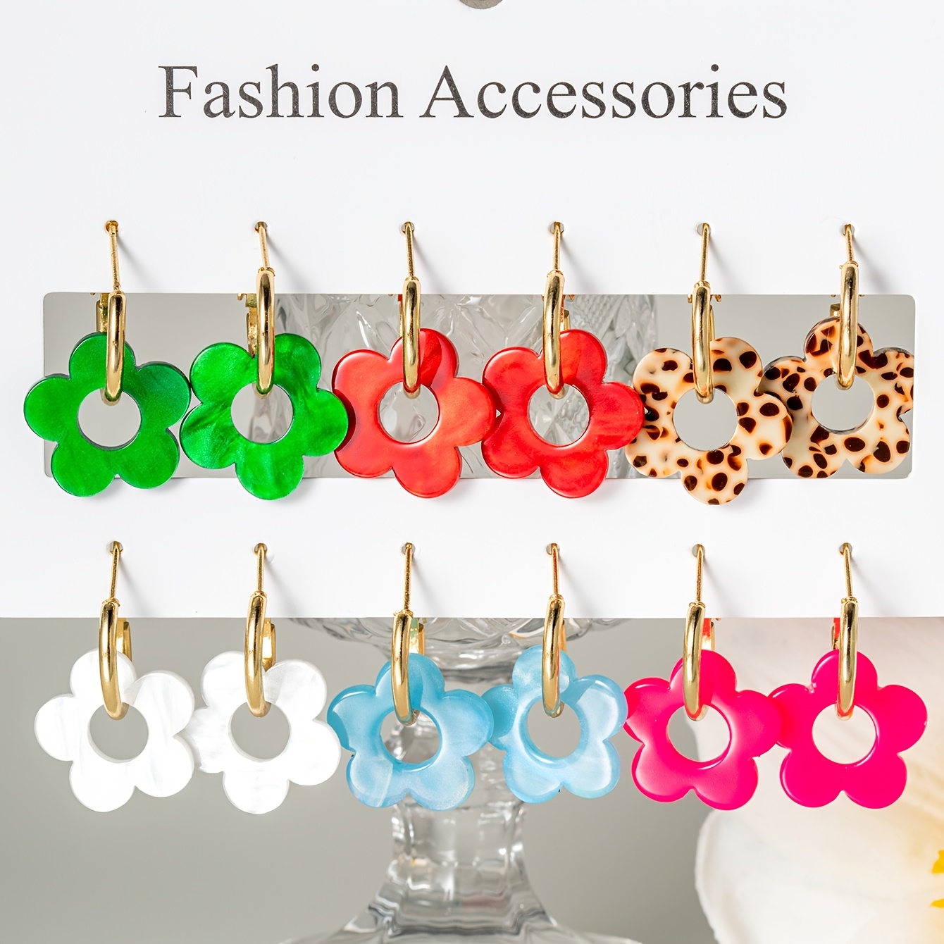 TEMU Lot de 6 paires de boucles d'oreilles fleurs en acrylique multicolores, style combinaison multicolore