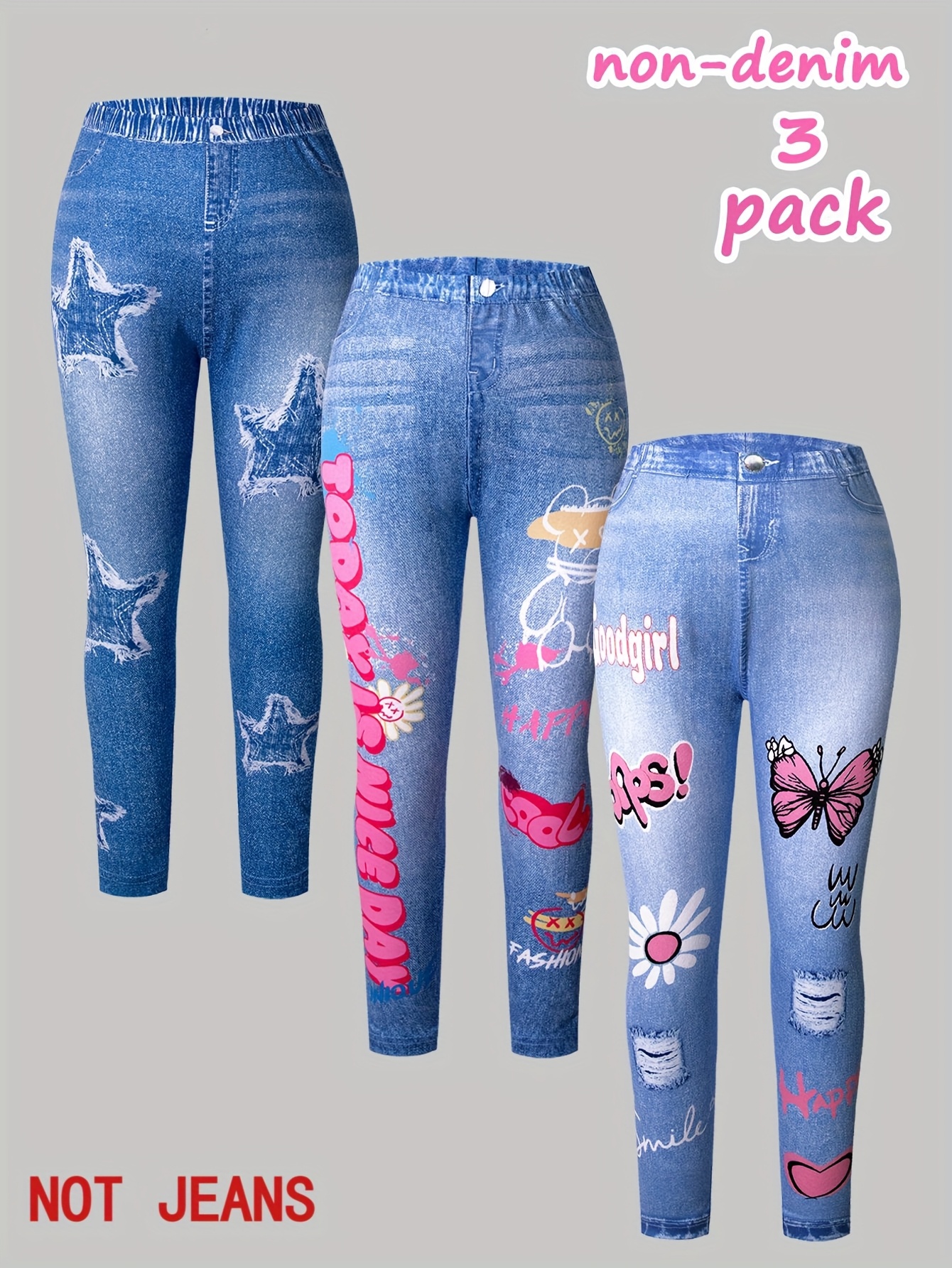 3pcs Girls' Long Pants Mid-Stretch Fashion Cartoon Graffiti Letter Ripped Pattern Classic Knit Faux Denim Trousers Leggings Casual Soft Comfortable Girls' Outfit Gift for Festival Carnival Party, for Outdoor