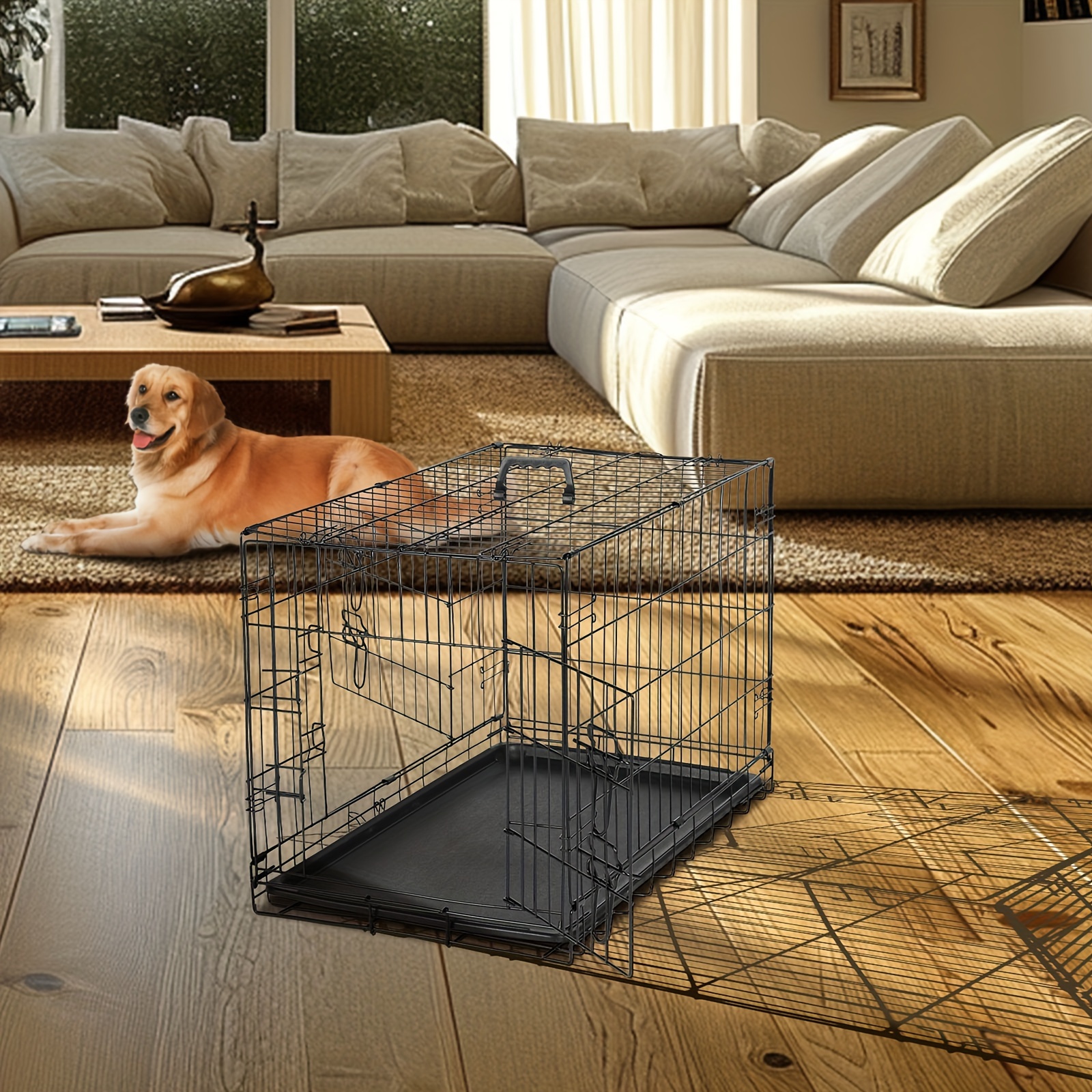 

42 Inch Dog Crate With Divider Panel, Double Door Folding Metal Wire Dog Cage With Plastic Leak-proof Pan Tray, Pet Kennel For Indoor, Outdoor, Travel