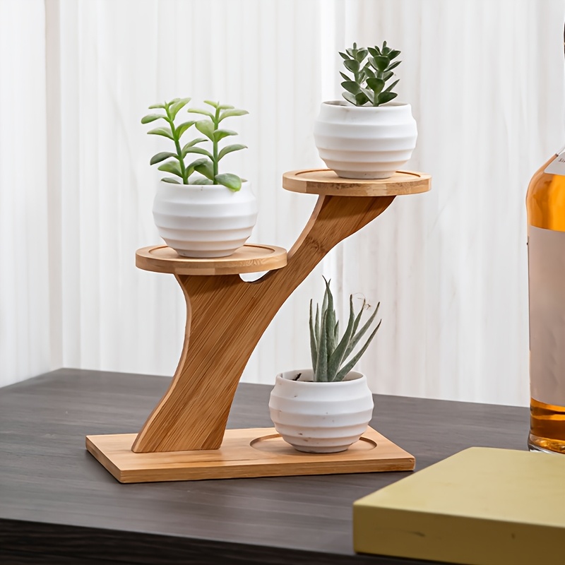 

Elegant Bamboo Plant Stand - Two-tiered Display Shelf For Small Potted Plants, Ideal For Home, Office, & Balcony Decor, Round Wooden Base, Artificial Plants For Home Decor