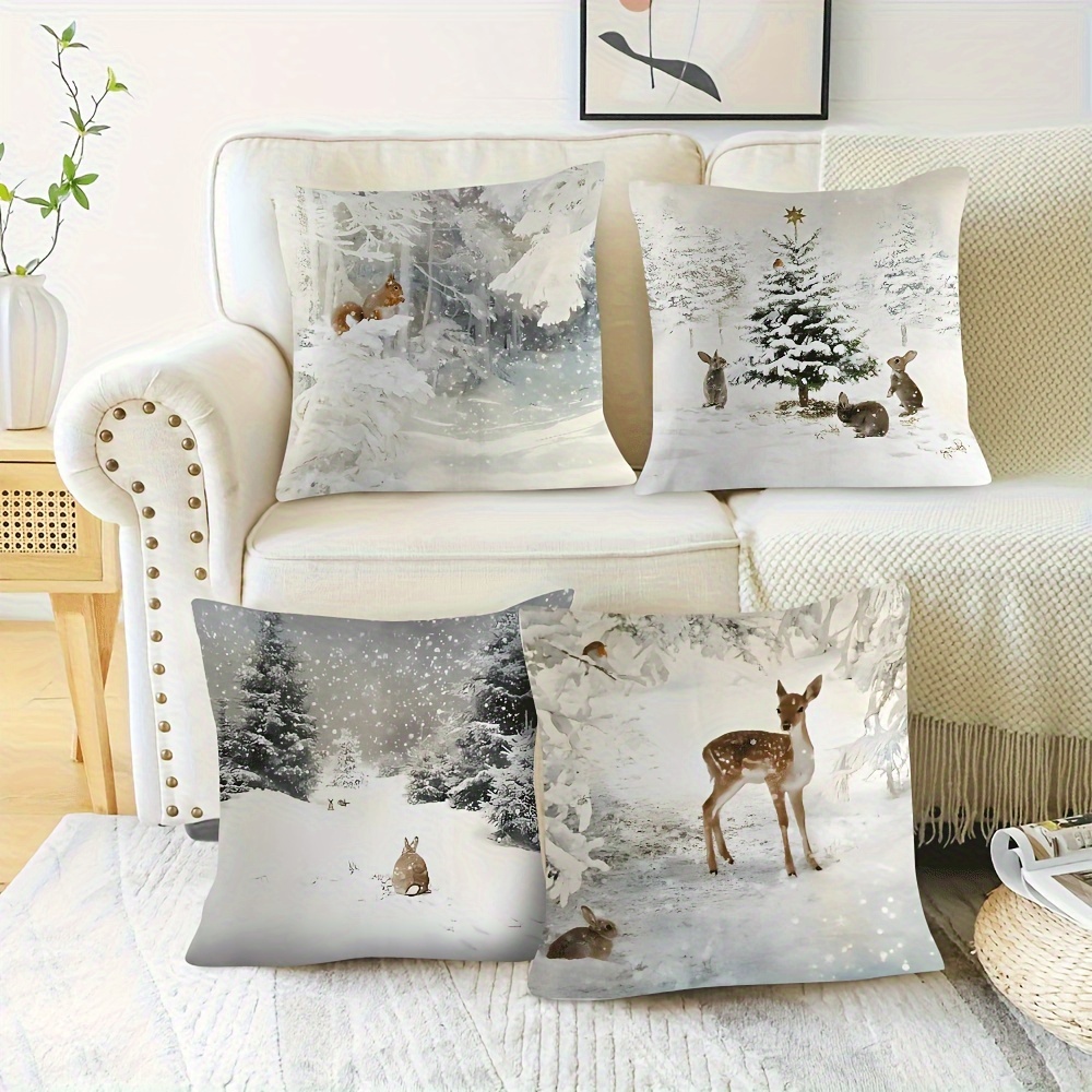 

4-pack Pillow Covers 18x18inch, Short Plush, White Snowy Winter Theme With Tree, Reindeer, Squirrel, And Rabbit, Vintage Style, Polyester, Zippered Cushion Cases For Living Room, Bedroom, Office Decor