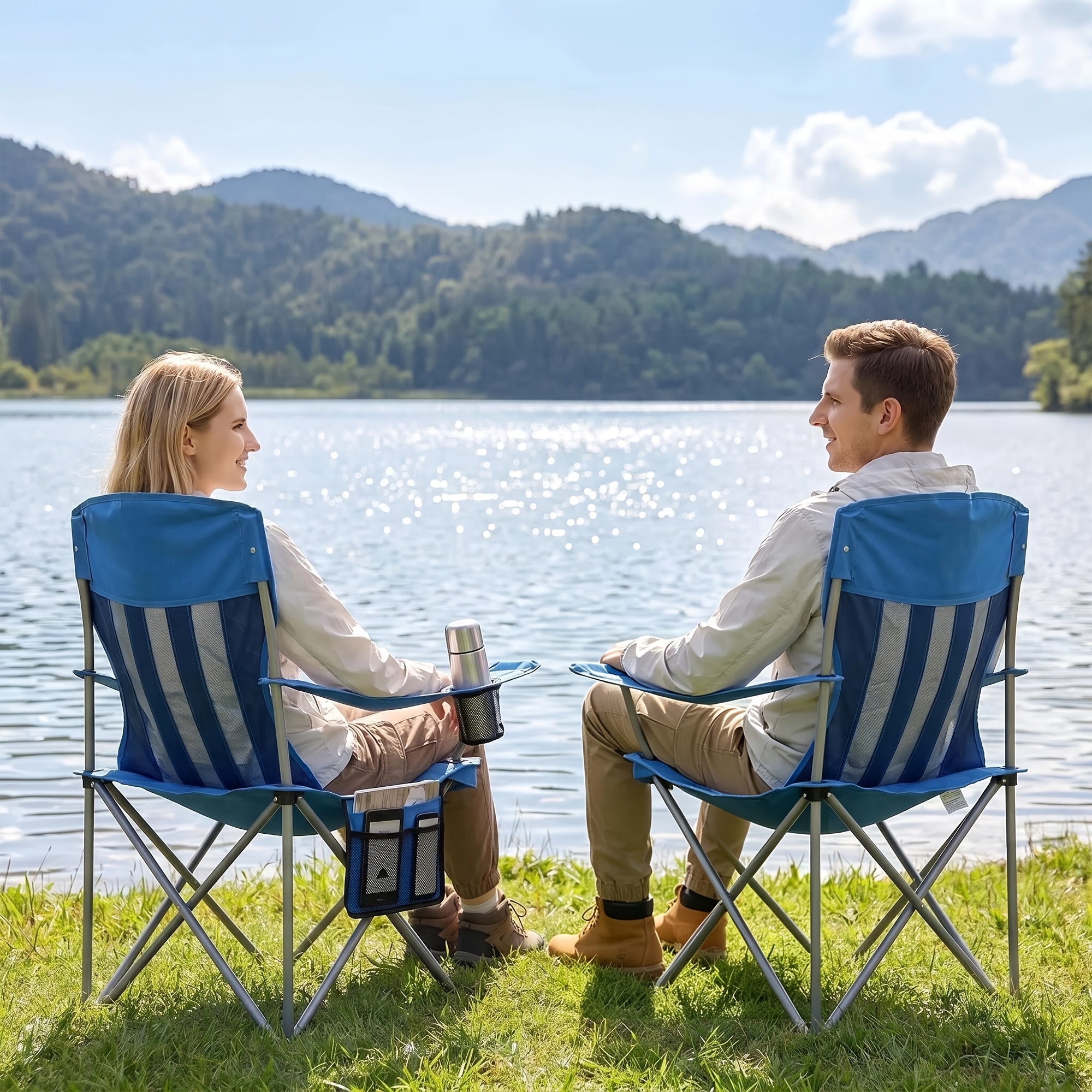 Foldable Camping Chairs, 2-Pack with Armrests and Cup Holder