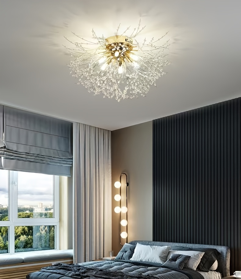 Modern Dandelion-Shaped Crystal LED Ceiling Light with 3-Color Changing Bulbs - Elegant Chandelier for Dining Room, Living Room, or Bedroom - Wall Switch Controlled (Remote Not Included), Bedroom Chandelier | Contemporary Ambiance | Metal Construction, Chandeliers for Ceiling