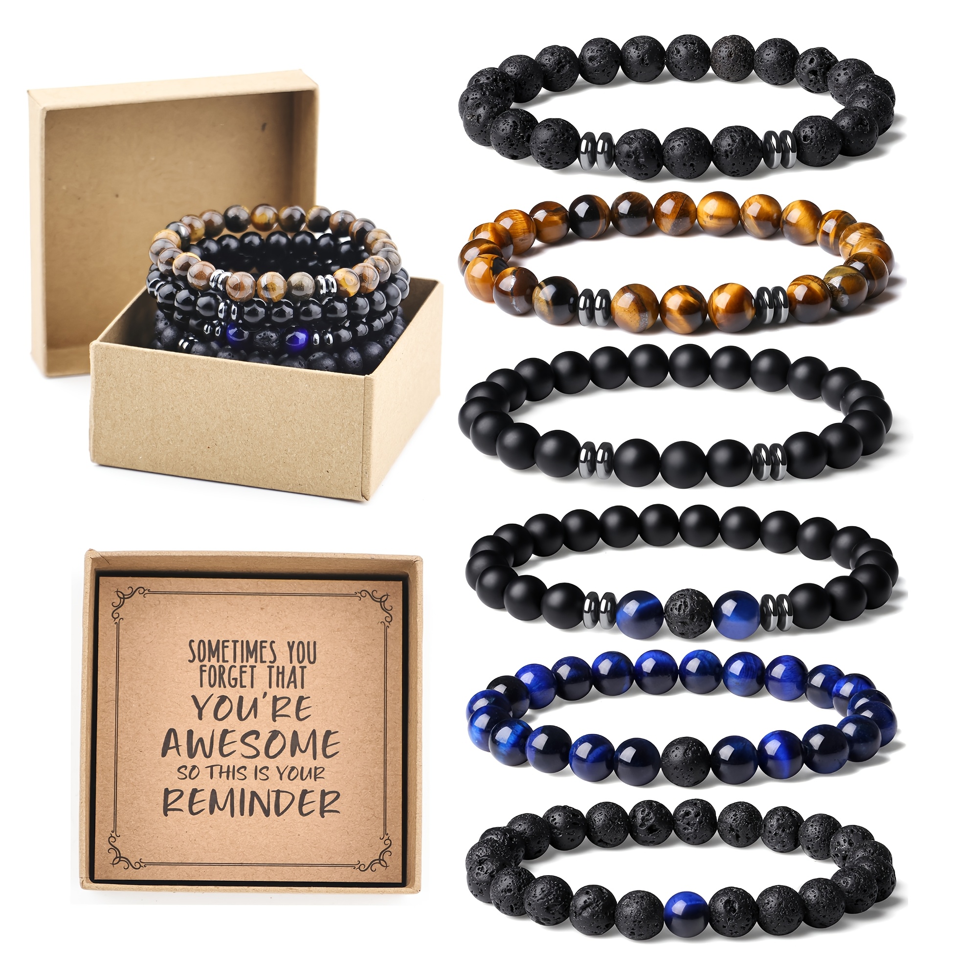 TEMU 6pcs Of Gift Box Packaged Men's Bead Bracelets, 8mm Men's Bead Bracelets, Natural Tiger Eye Stone Bead Bracelets, Stretch Elastic Bead Bracelets
