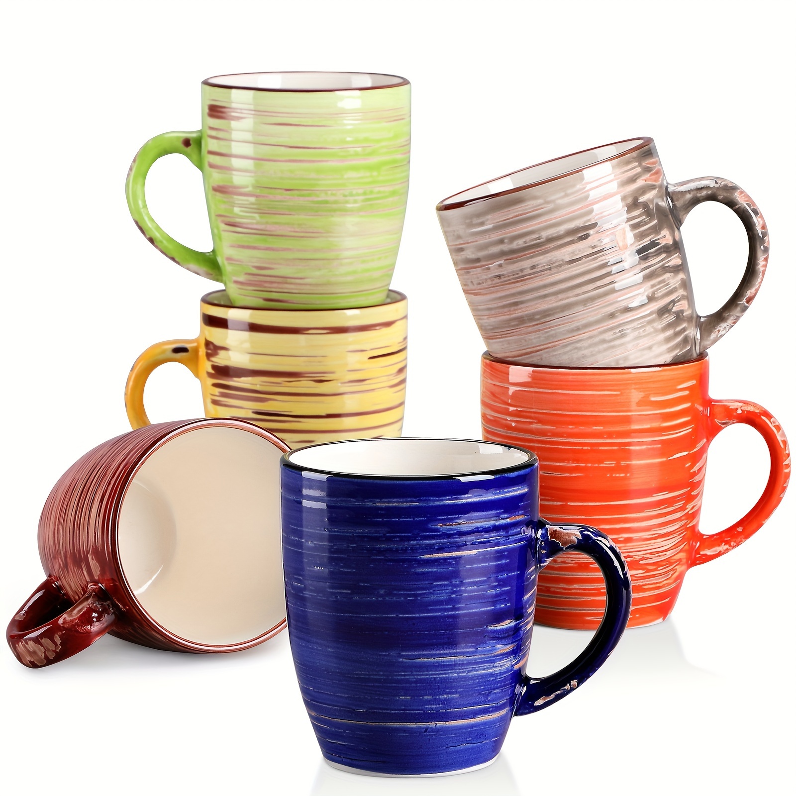E-shop 6er-Set Kaffeetassen Multicolor Steinzeug Handbemalte Tassen 390ml Kaffeetasse für Tee, Milch, Cappuccino