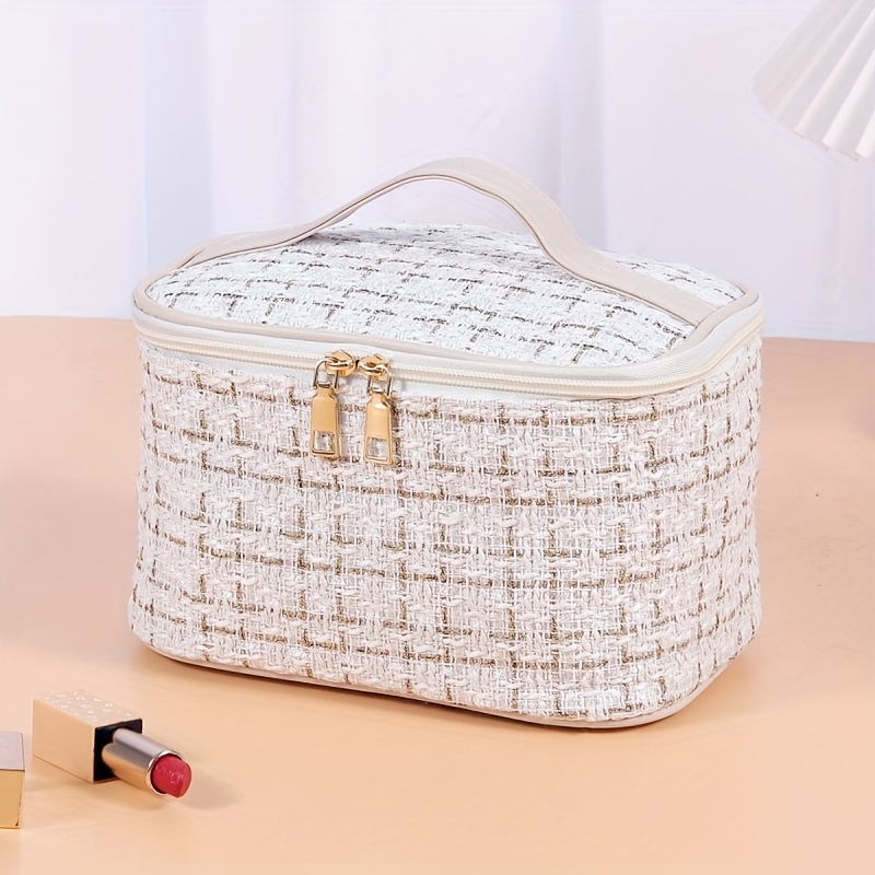E-shop Modische beige karierte Kulturtasche mit großem Fassungsvermögen, tragbare Kosmetiktasche für Damen, , große Öffnung und Schließung,