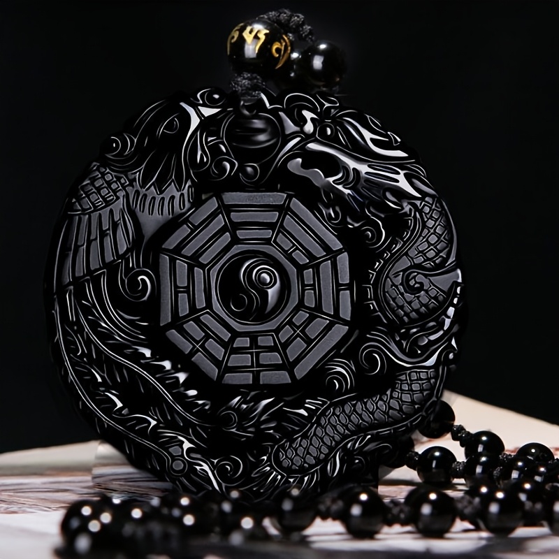 TEMU Chinese Dragon & Phoenix Glass Pendant Necklace - Elegant Glass Bead Chain With Dragon/phoenix, Suitable For Lunar New Year Gifts, , Wear,