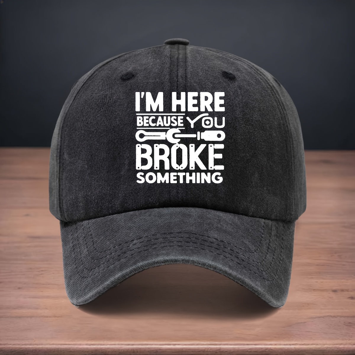 TEMU Printed Repair Tool Element Pattern Baseball Cap With White Lettering " You Broke Something" - Adjustable Brim Hat Staff, Unisex Washed