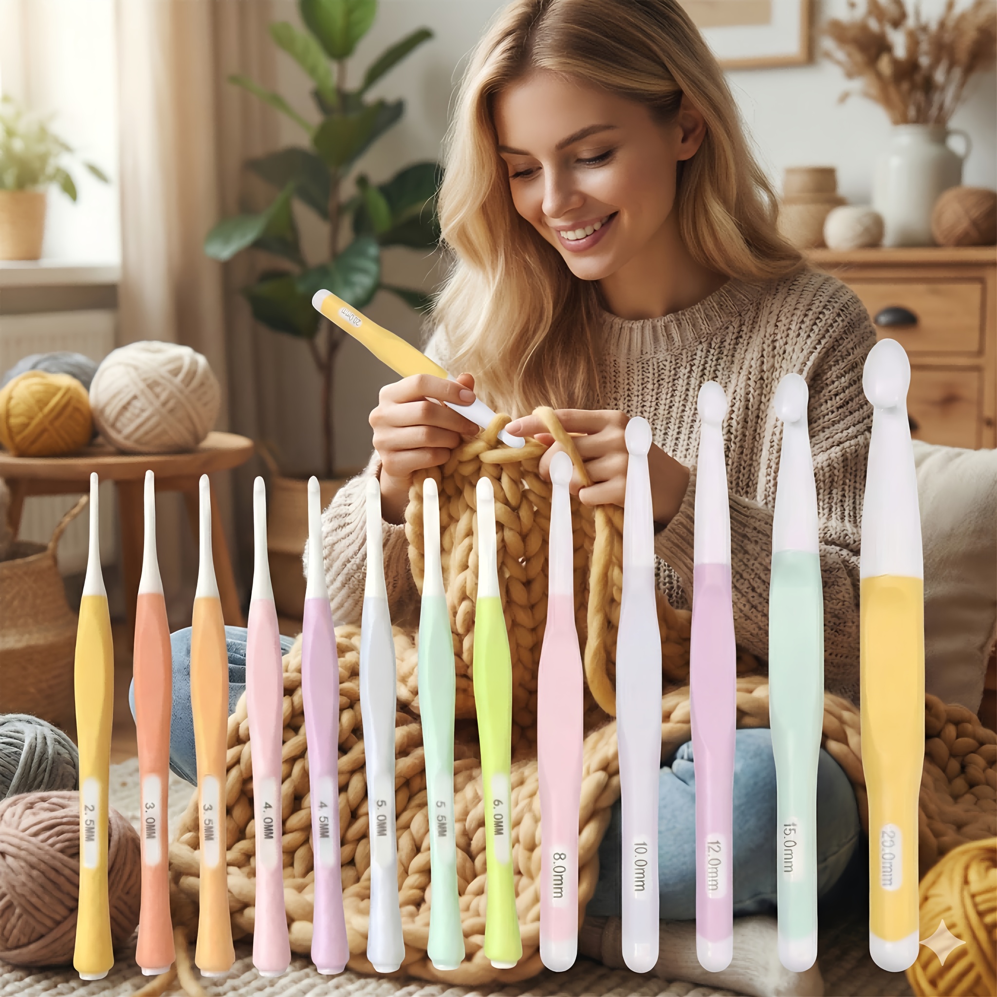 TEMU 13pcs Random Size Crochet Hook Full Set, 2.5-20mm Complete System Ergonomic Crochet Hook Mid-long Hook Set, Full-function Five-color Rubber