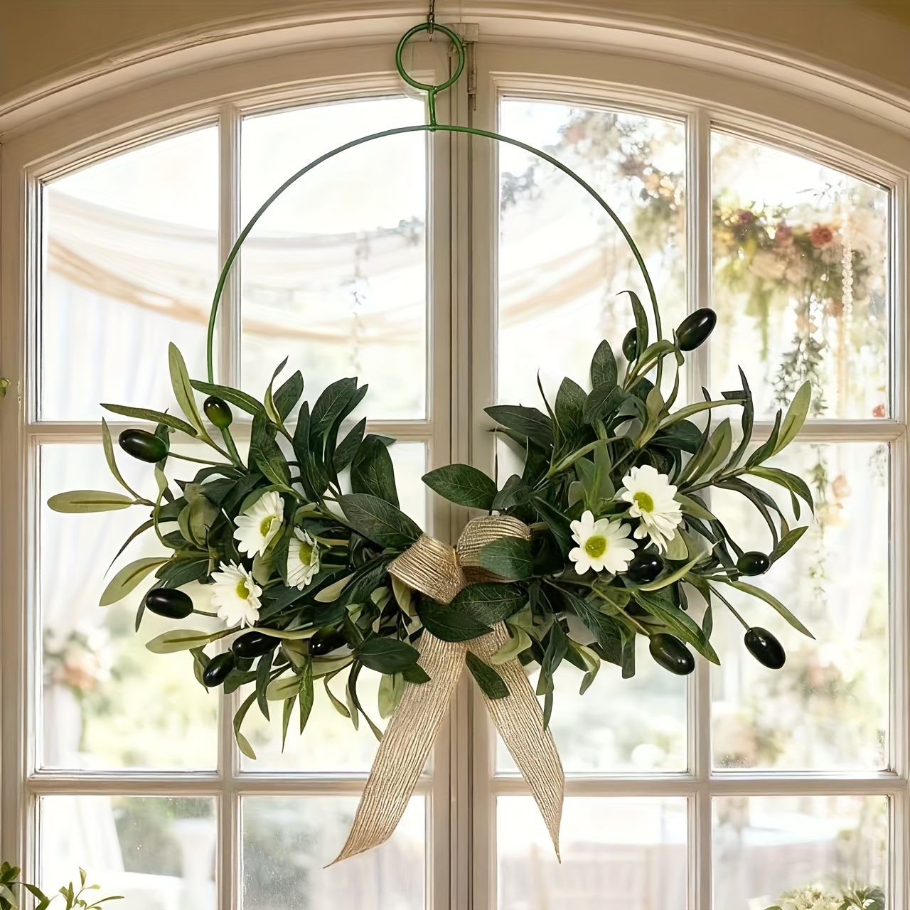 16-inch Olive Wreath With Daisies & Ribbon - Rustic Farmhouse Door/window Decor For Home, Wedding & Daily Interior