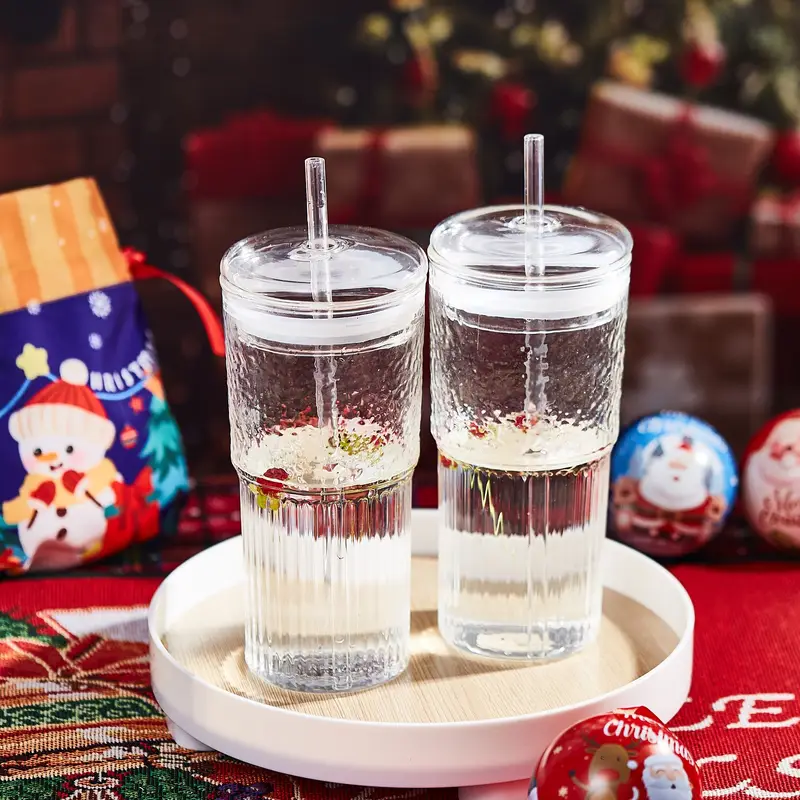 2pcs 20oz high borosilicate glass espresso cups with lids straws brush vertical iced americano latte high quality ideal holiday gift Product details 2