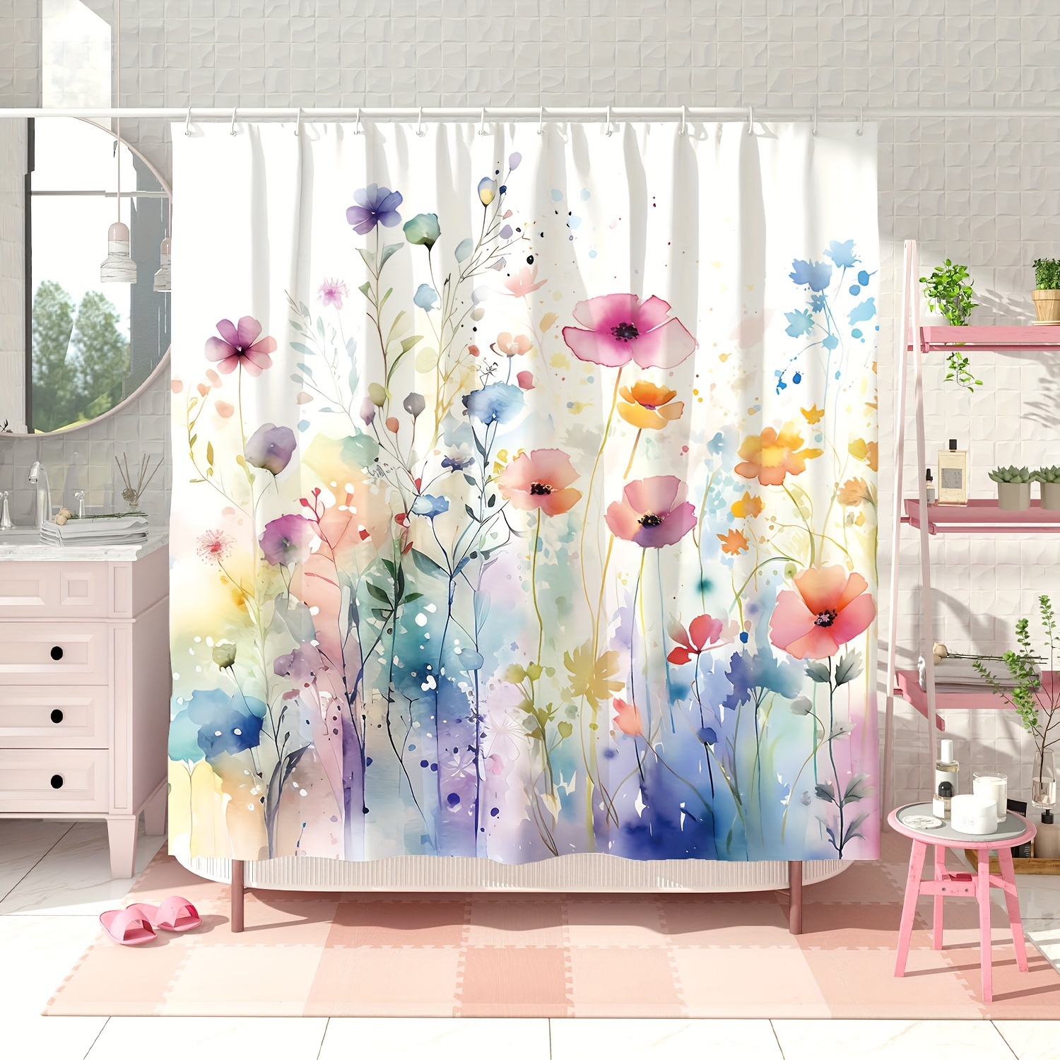 

1pc Colorful Flower Printed Shower Curtain, Waterproof Bathroom Shower Curtain With Hooks, Suitable For Decorating Spring Bathroom Bathtubs, Bathroom Accessories, Home Decor