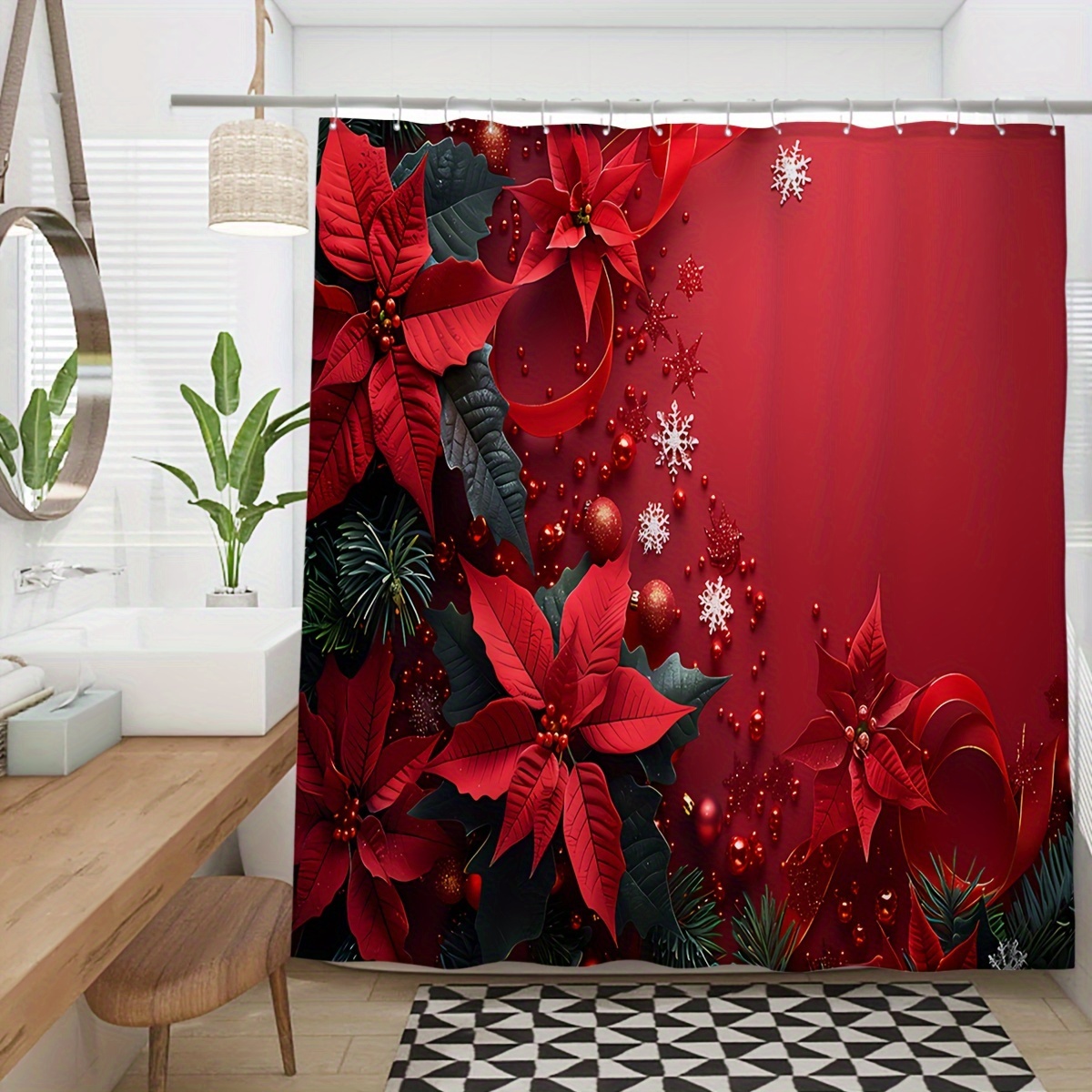 

1pc Christmas Holiday Waterproof Bath , Red Poinsettia & Design, Machine Washable, Includes Hooks, Water-resistant Polyester, Woven Decorative Bathroom Accessory, 180cm*180cm