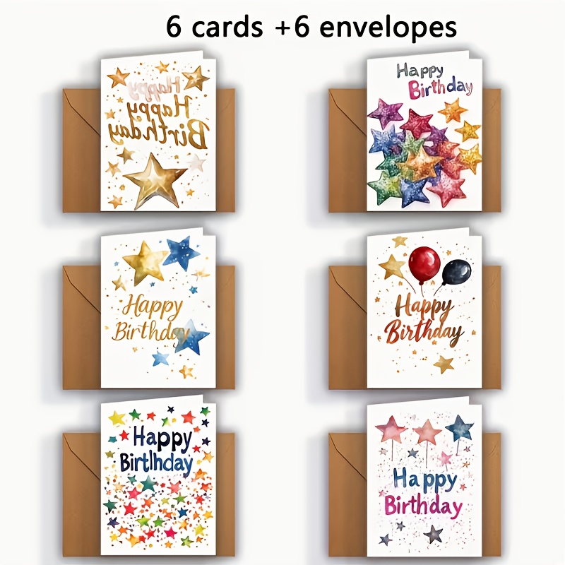 E-shop 12er-Set Geburtstagskarten mit Umschlägen – Exquisites Aquarell-Design mit Sternen Ballons | 3D-Ansicht Feiertagsgrußkarten, geeignet für