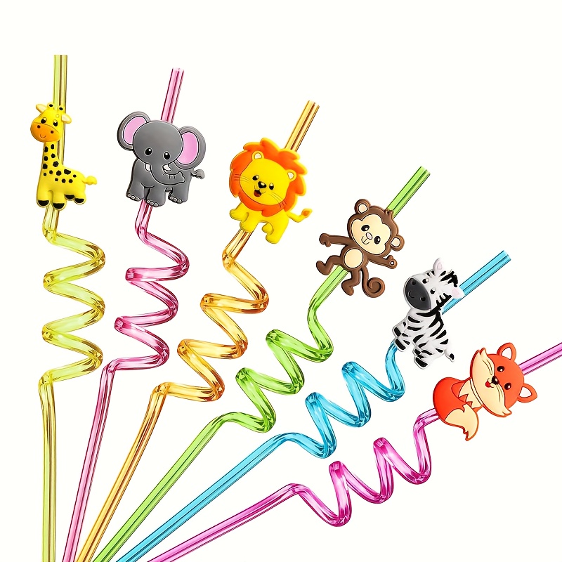 Image of 6-pack Reusable Jungle Animal Plastic Straws | Suitable For Lion, Fox, Zebra, Giraffe Wildlife Park Birthday Party Supplies, Forest Party Gift Decorations
