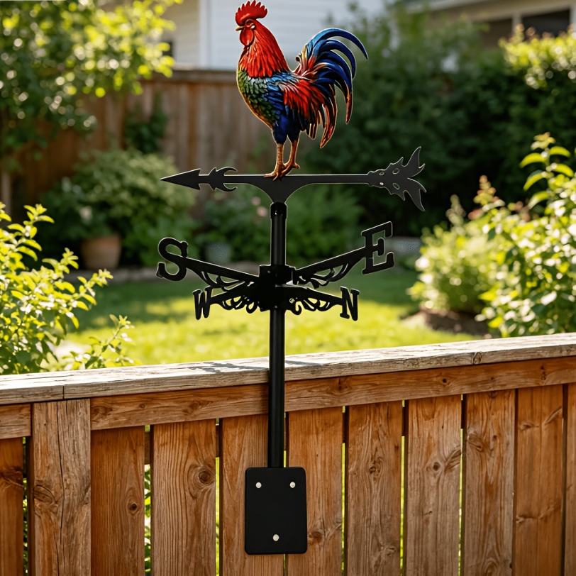 Image of 2d Flat Wrought Iron Colorful Rooster Weathervane, Suitable For Farmhouse Decoration, Outdoor Garden, Lawn, Patio, Fence Post, Greenhouse, And Barn Ornaments