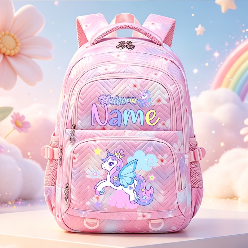 TEMU Fashion Casual Backpack With Custom Name, Unicorn Cartoon Pattern Print, Multi-pocket Utility Rucksack, Suitable For Daily Commute, Shopping,