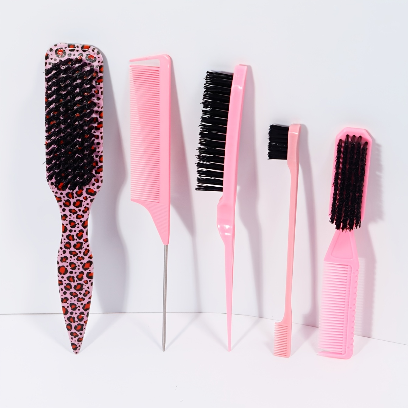 TEMU Ensemble de 5 peignes de coiffure - Brosse de nettoyage et de coiffure à imprimé léopard, peigne à cheveux lisses à poils en nylon, peigne à