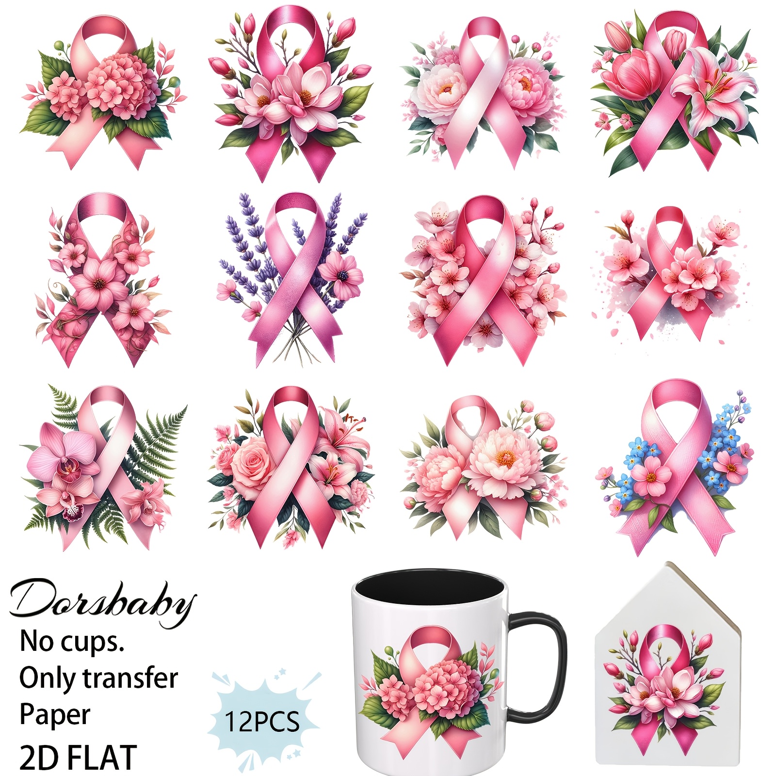 TEMU Lot de 12 UV DTF floral du ruban du du sein pour tasses et verrerie, transfert à appliquer pour cahiers, valises et décoration, fournitures de