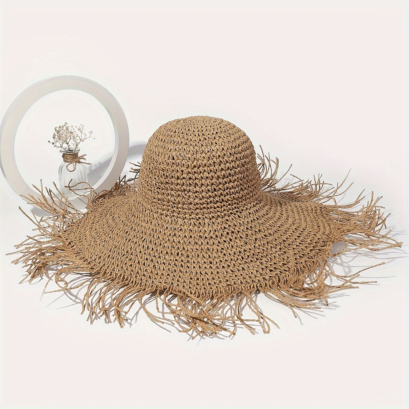 Image of Straw Hat Women's Summer Handmade Wide Brim Tassel Trim Vacation Versatile Foldable Beach Bucket Hat Wide Brim Straw Hat Sun Hat