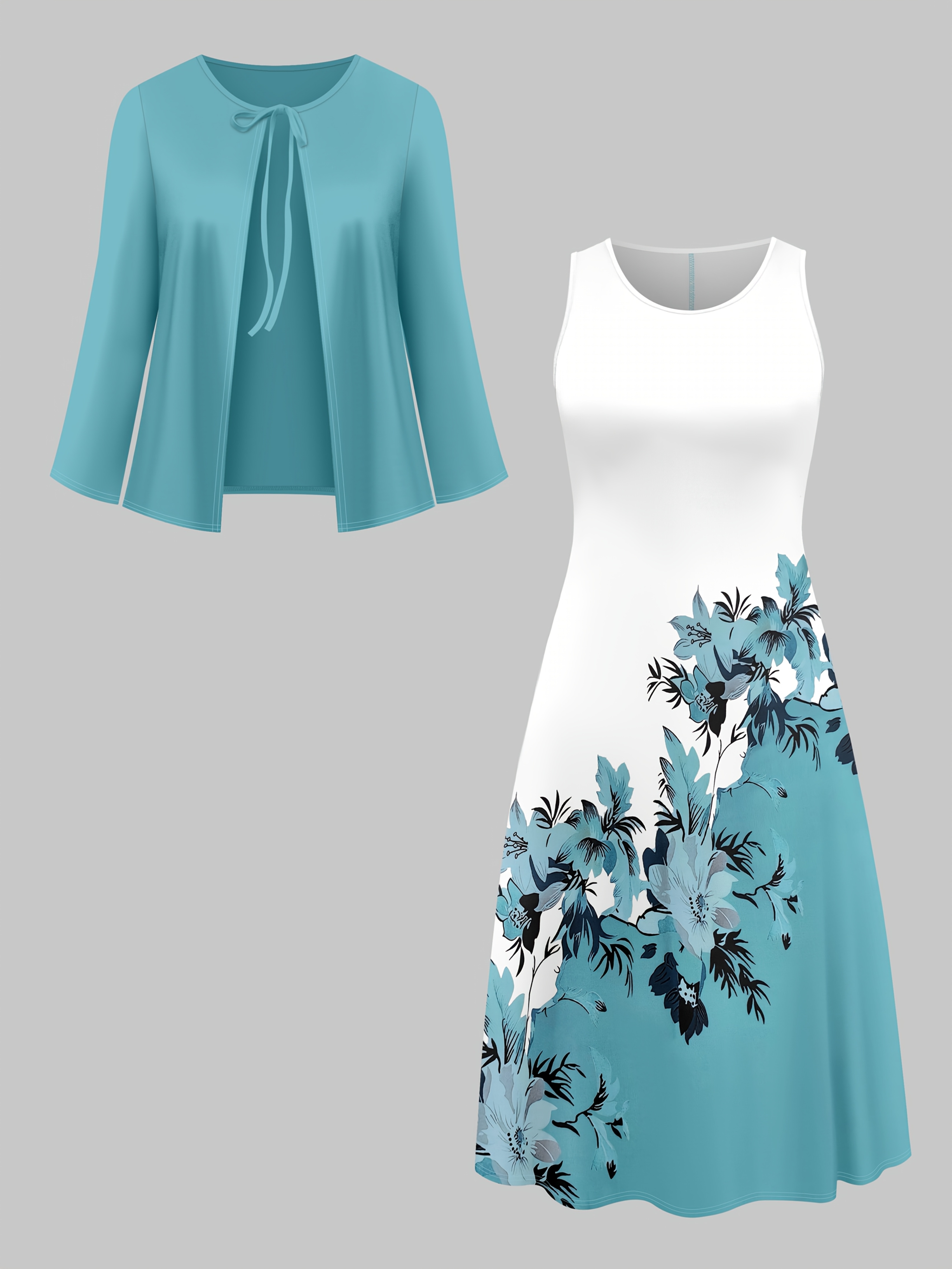 Fashion Women's solid color small cardigan and floral print patchwork dress two-piece set