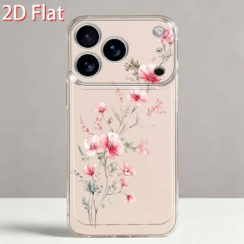 item picture phone case pink floral transparent pattern 2d flat phone case for iphone 17 16 15 14 13 12 11 pro xs xr 7 8 6 6s plus 16e 17e fashionable full coverage shockproof soft black pattern easy protector