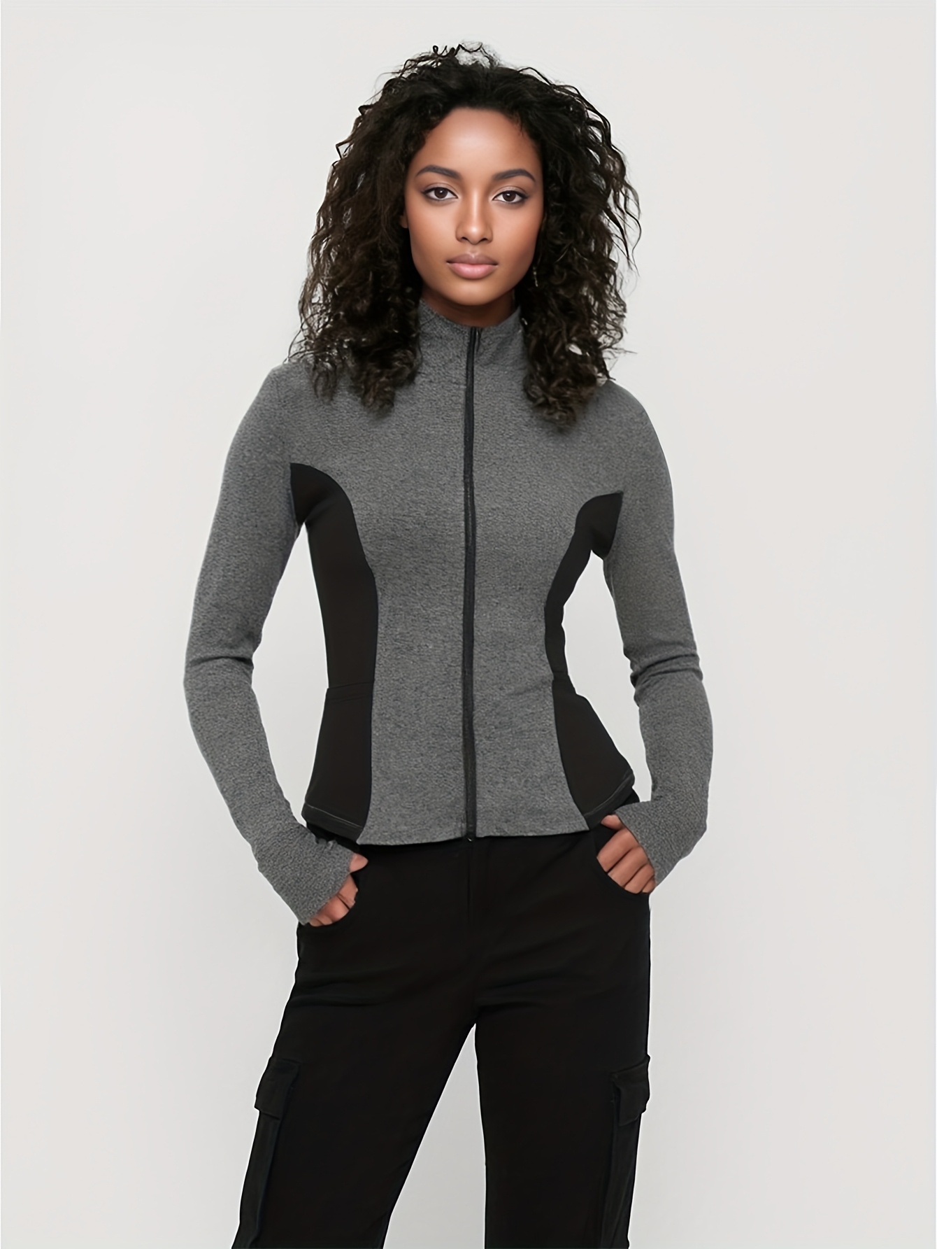 Women's Oversized Full-Zip Athletic Jacket Full-Length Zipper Closure,  Full-Zip Sporty Outerwear with Zippered Pockets, Full-Zip Running Jacket for