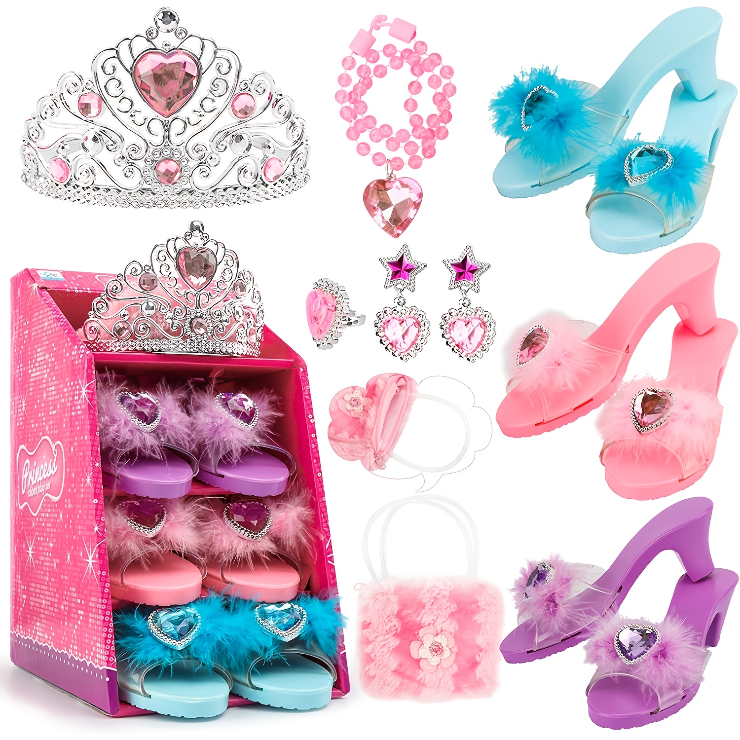 TEMU 1set Princess Dress-up Toy Set For Girls, 3 Pairs Of Faux Fur Princess Shoes, Crown, Earrings, Necklace, Ring, Handbag, Role Play Costume,