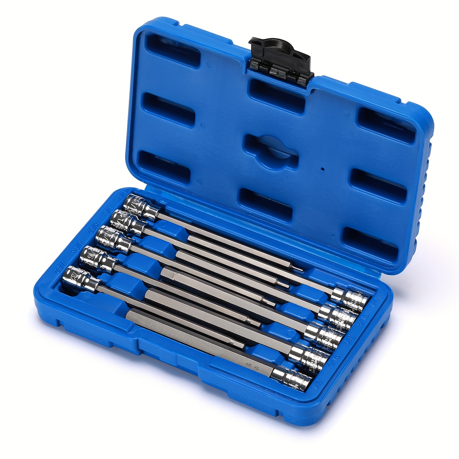 

10pcs Extra Long Hex Bit Socket Set, 3/8" Drive, Sae (1/16" To 1/2"), Steel, Polished , With Blue Case - Diy Projects