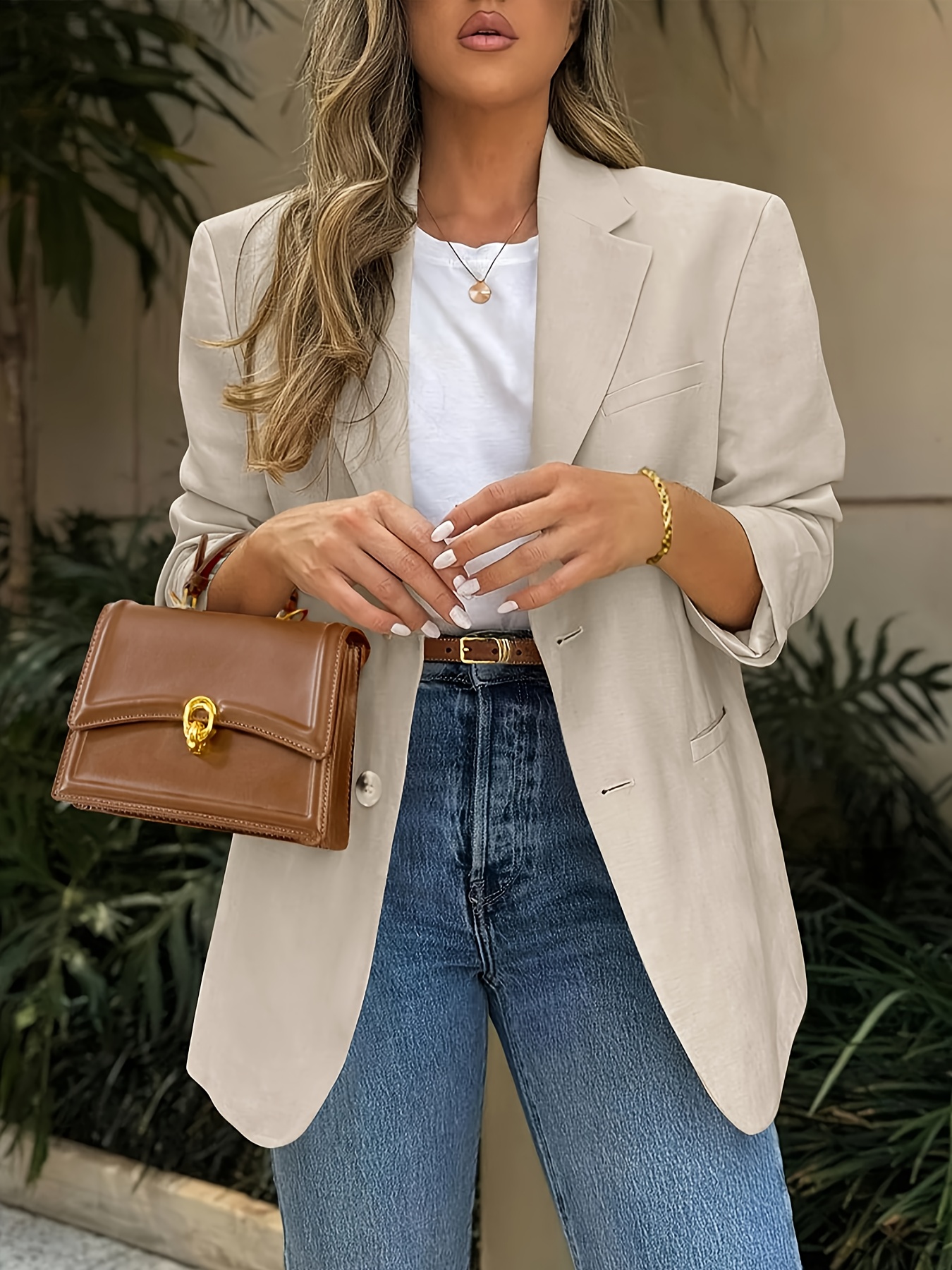 women's business casual lapel cardigan jacket light beige loose