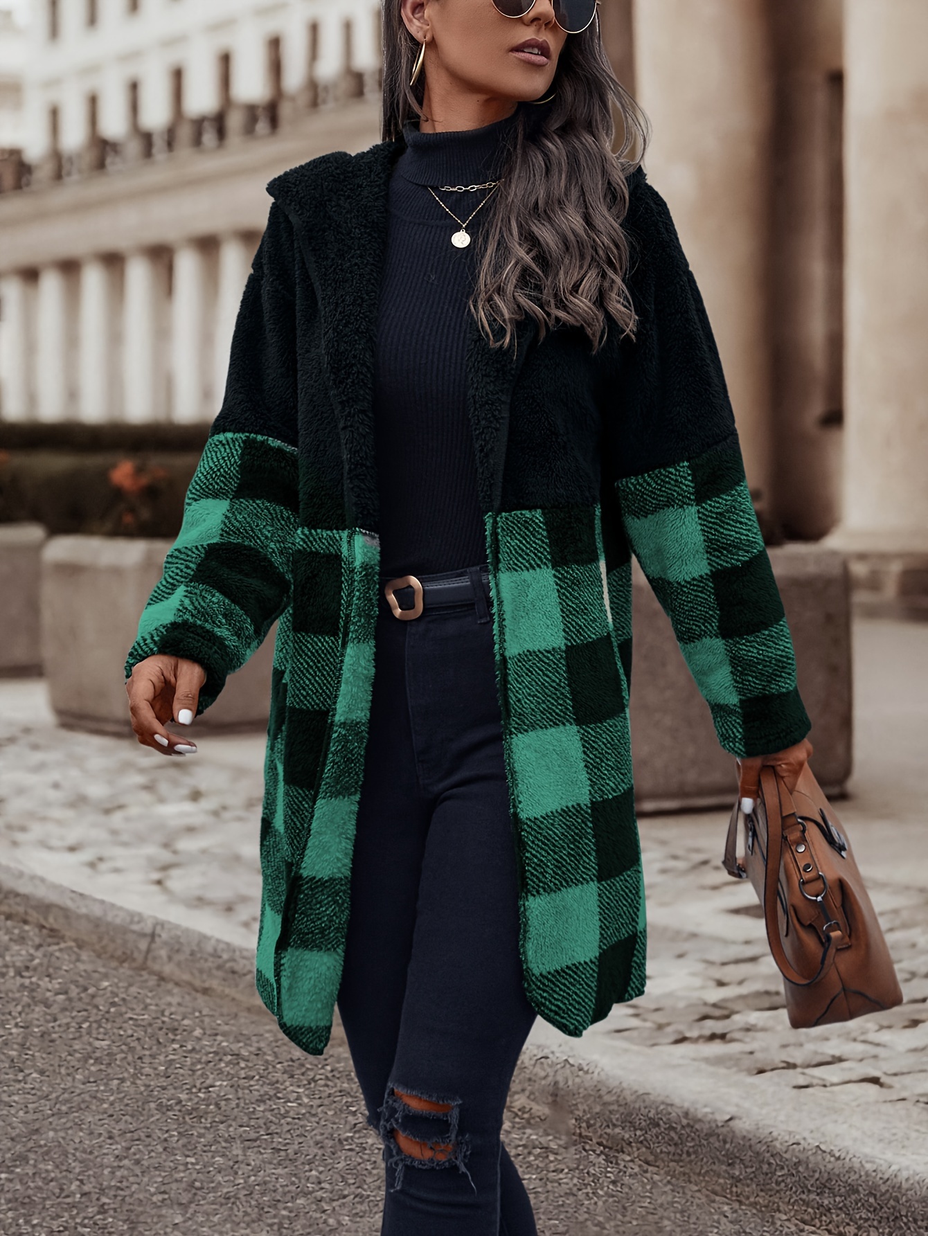 womens plush check coat green black polyester season stylish