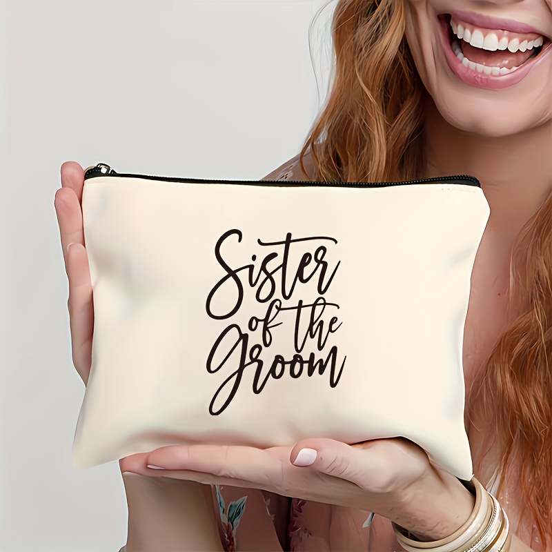 

Cotton Casual Makeup Bag With Sister Of The Groom Print, Lightweight Zippered Toiletry Pouch, Travel Cosmetic Bag For Accessories, Ideal Gift For Bridal Party - Pack Of 1