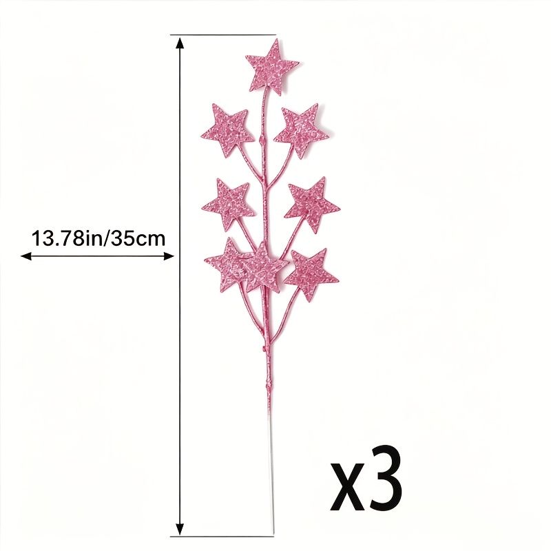 TEMU Premium Pink Glitter Christmas Star Picks, 3-pack 13.78in Sparkly Decorative Stems Artificial Floral Sprays For Xmas Tree Wreath Vase Filler,