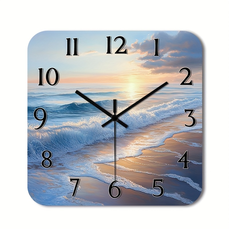TEMU 1pc Of A Silent Wall Clock That Tick, Featuring A Decorative Square Design With A High-definition Glossy End Depicting Ocean Waves At Sunset,