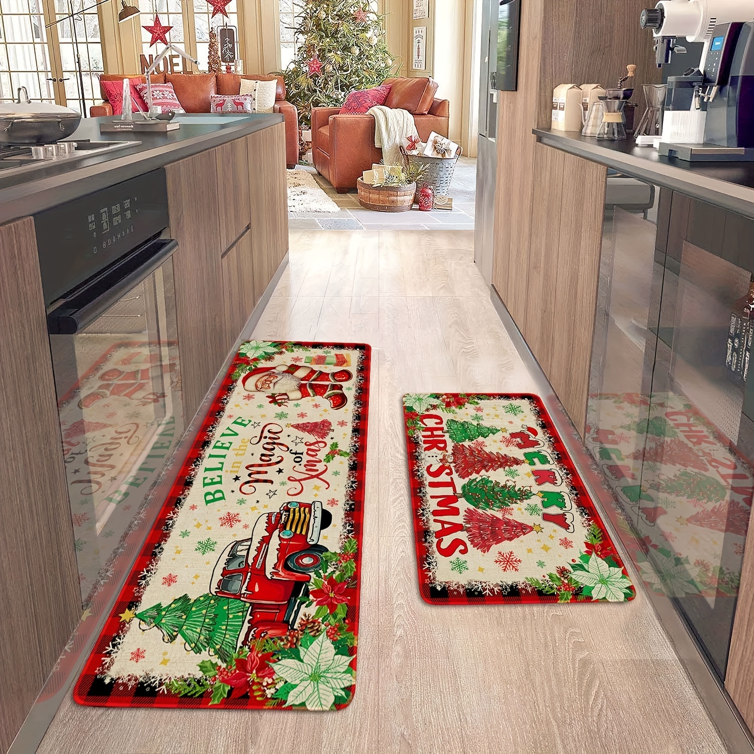 2pcs set christmas themed kitchen floor mats christmas kitchen rugs set of 2 santa claus farmhouse truck red   pattern christmas kitchen decor machine washable great for kitchen home office laundry room bathroom   christmas   flange 0 47 inch floor mat Product details 4