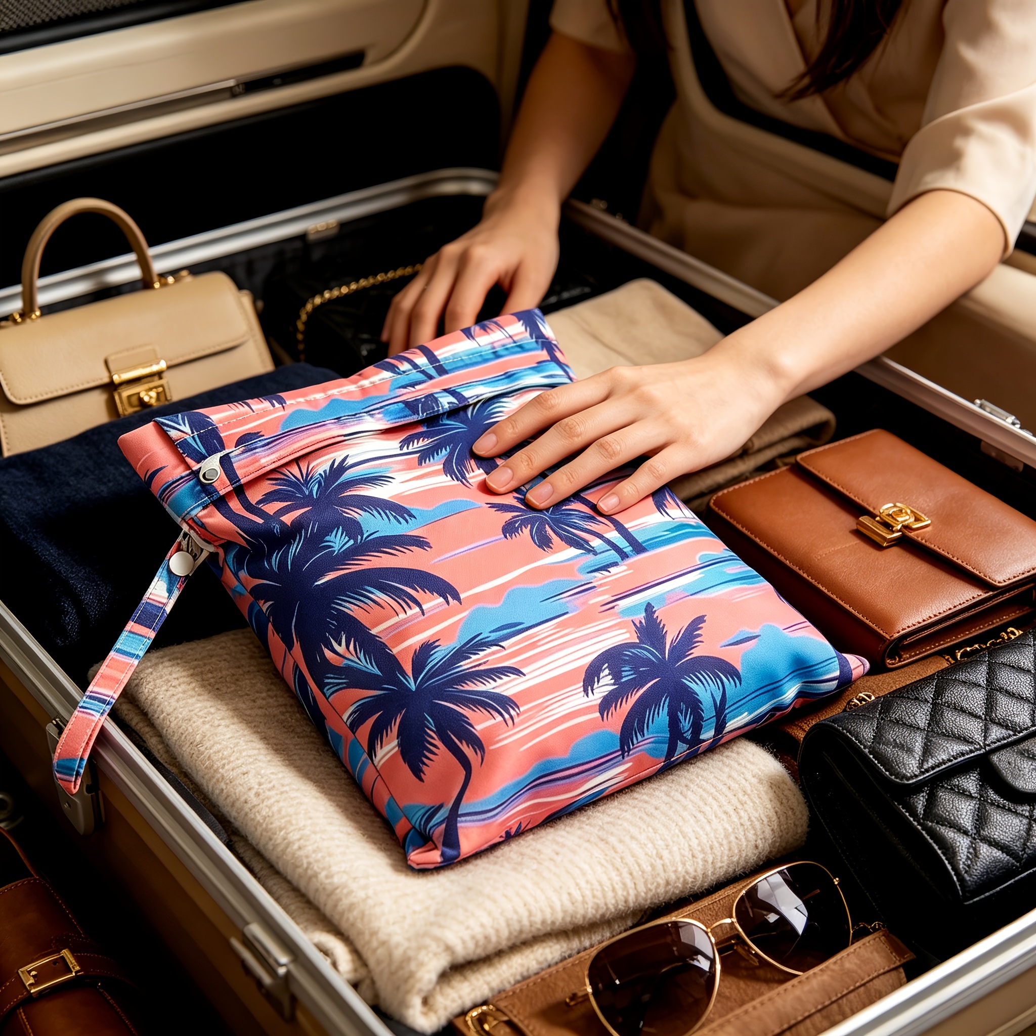 Reusable Wet Storage Bag with Tropical Palm Print Pattern, Designed for Diaper Storage. Dimensions: 9.84in*12.2in. Perfect for Storing Swimwear, Travel Essentials, Beach Items, and Pool Supplies. Ideal for Themed Gifts and Holiday Presents