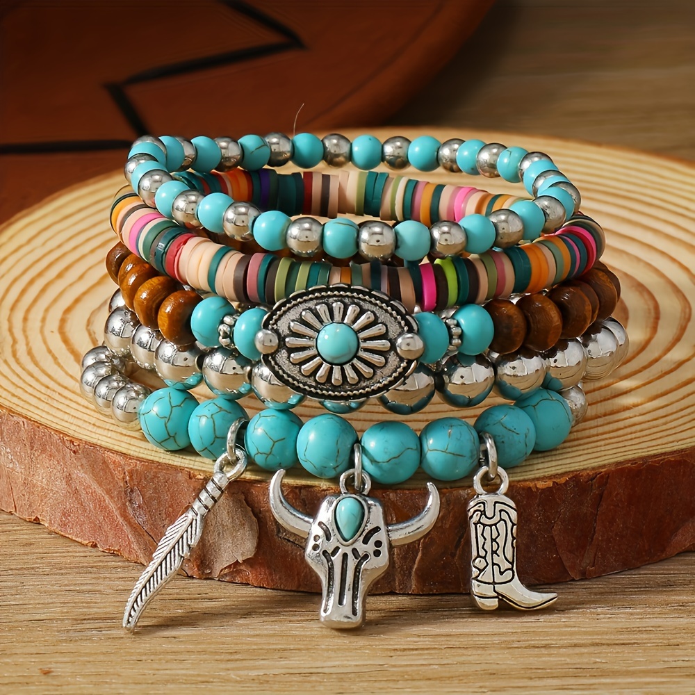 

-chic 5pcs Bracelet Set With Turquoise, Wooden Beads & Charms - Vintage Style Women's Fashion Accessory For Casual Attire