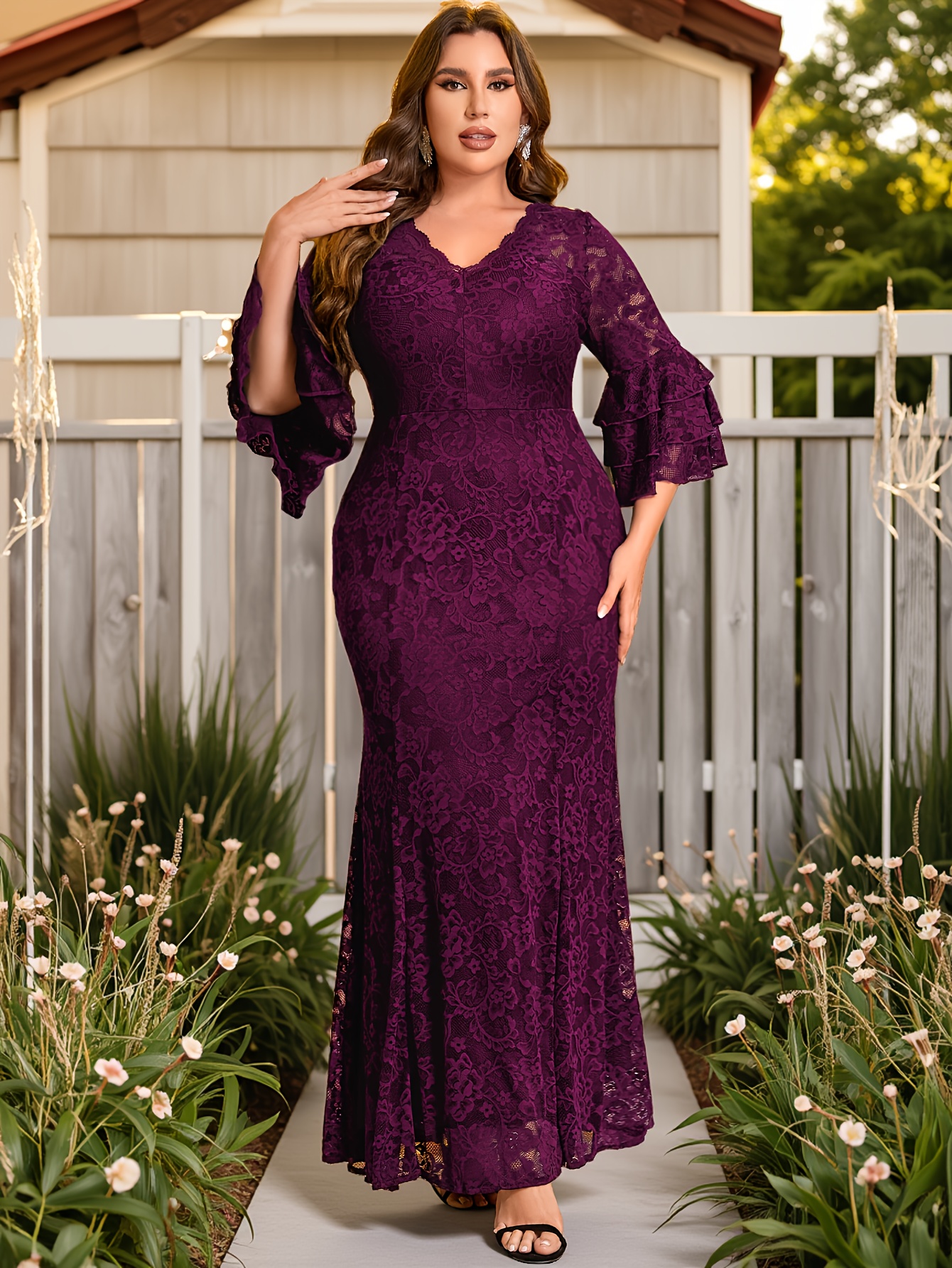 fitted lace wedding dress Plus Size Sequin Mermaid Formal Prom Long Dress by LaDivine CD0214C – The  Dress Outlet main image 0