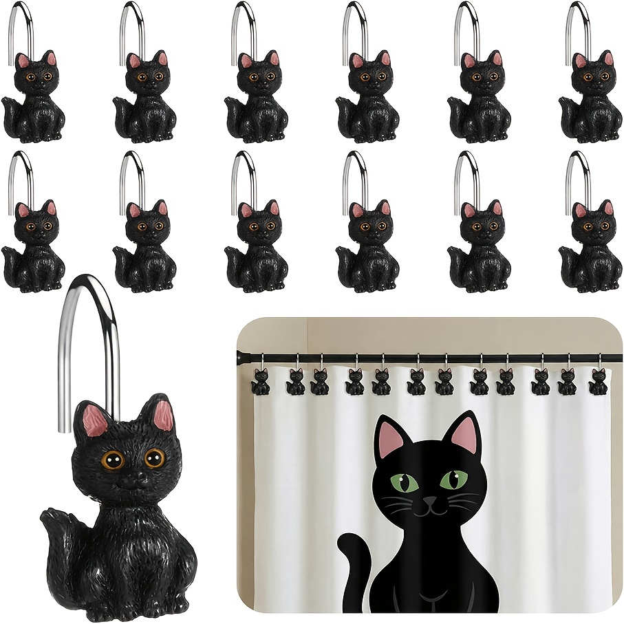 TEMU 12pcs Cute Cat Shower Curtain Hooks, Stainless Steel Rust-proof Resin Halloween Black Cat Decorative Curtain Hooks Rings, Bathroom Additions,