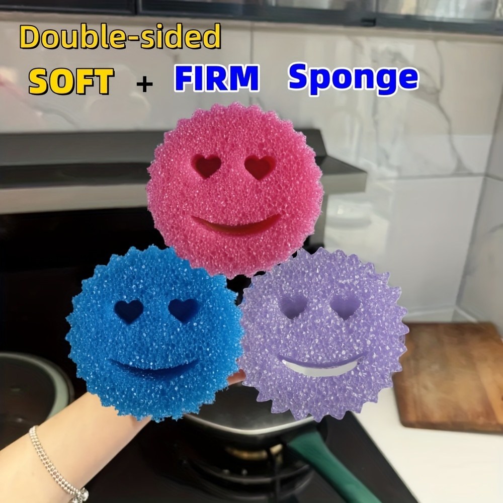 3pcs Double-Sided Non-Scratch Scrub Sponges - Soft + Firm Sponge for Kitchen & Bathroom Cleaning, Temperature Sensitive, Multi-Surface Safe, Fun joyful Face Design in Pink, Blue & Purple, Perfect for Home, Halloween & Christmas Gifts