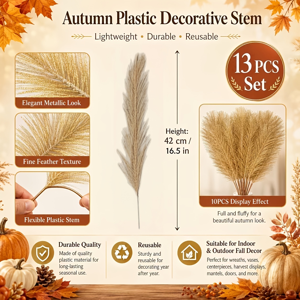 TEMU Lot de 13 branches décoratives artificielles de qualité supérieure à tonalité dorée avec fines couches à des plumes et un métallique élégant,