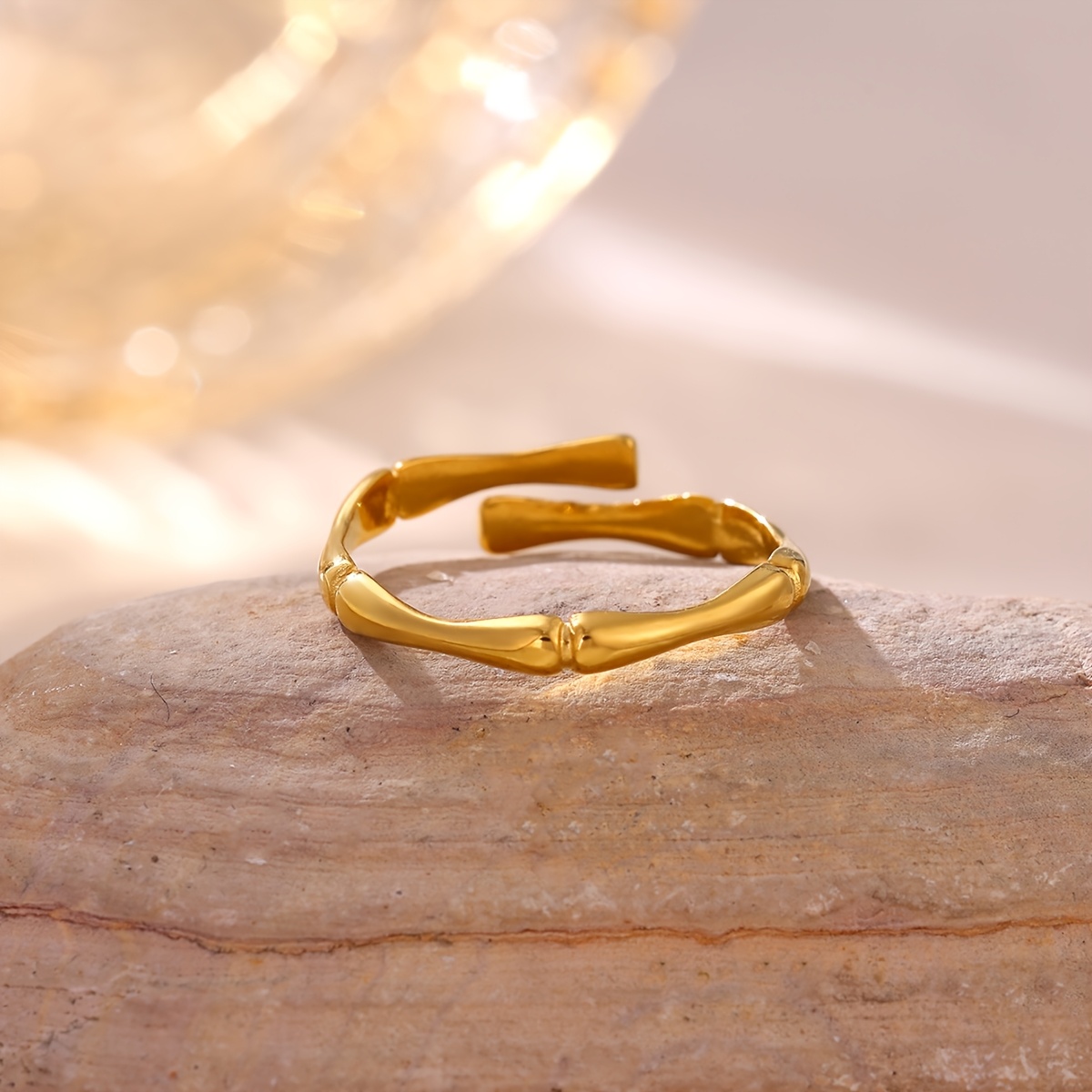 Women's Stainless Steel Bamboo Joint Opening Easy Ring, Golden Color